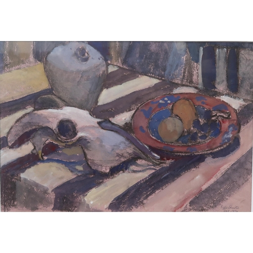 685 - FYFFE CHRISTIE (ENGLISH 1918-1979)TABLE TOP WITH CONCH SHELL HORN AND FRUITWatercolour, signed lower... 