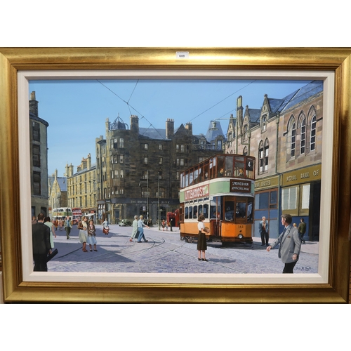 688 - JOHN M. BOYD (SCOTTISH b. 1942) SUNSHINE ON GOVANOil on canvas, signed lower right, 60 x 90cmTo... 