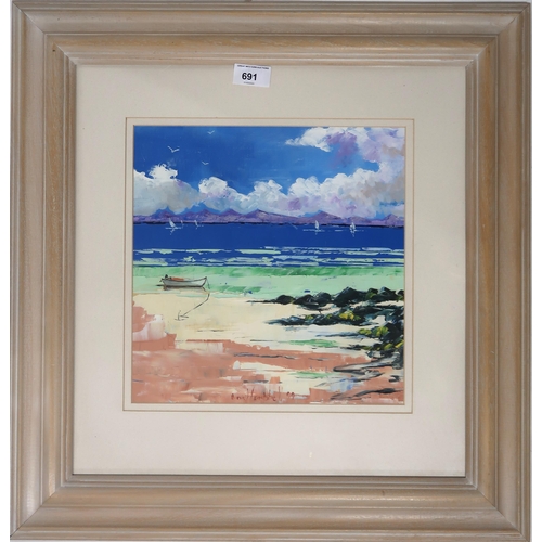 691 - DANIEL CAMPBELL (SCOTTISH b. 1951) SEASCAPE WITH BOATOil on canvas, signed lower center, dated (19)9... 