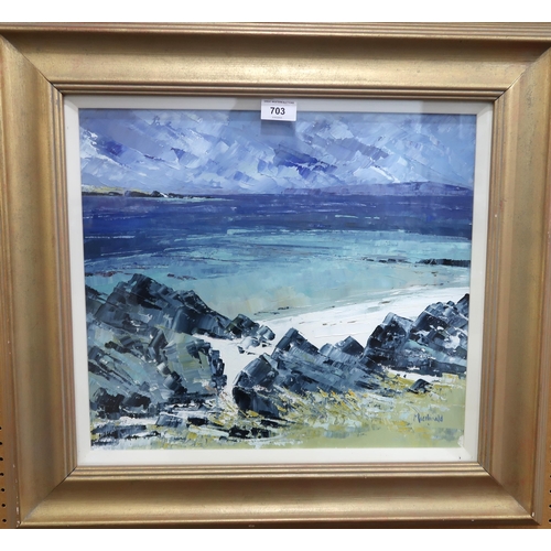 703 - FRANCES MACDONALDSTORM ISLAND FROM IONAOil on canvas, signed lower right, 40 x 40cmTitle inscribed o... 