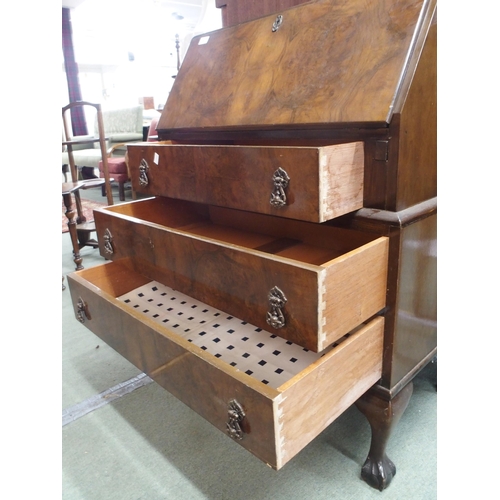 60 - An early 20th century walnut veneered fall front writing bureau, 100cm high x 79cm wide x 45cm deep