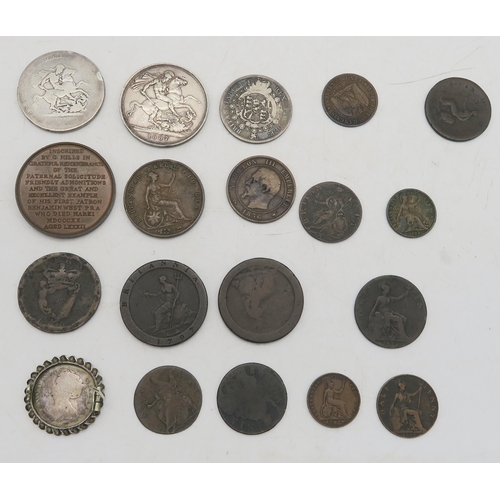 300 - VICTORIA 1887 crown, George III crown 1818, George III silver shilling 1816, cartwheel penny 1797, Q... 