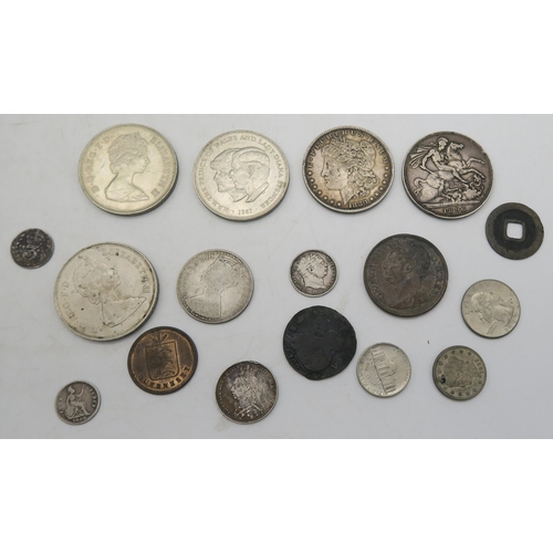 302 - VICTORIA CROWN 1896, United States Morgan dollar 1880, George III Hibernia penny 1822, William III p... 