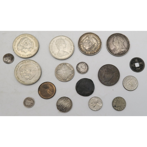 302 - VICTORIA CROWN 1896, United States Morgan dollar 1880, George III Hibernia penny 1822, William III p... 