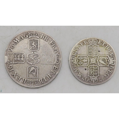 306C - WILLIAM III CROWN 1696  together with a Queen Anne 1/2 crown 1707 (2)