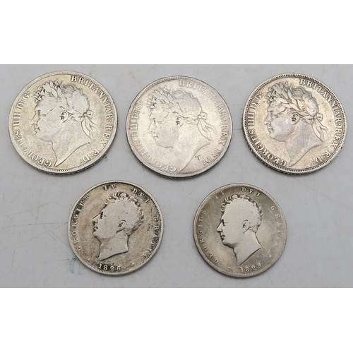 306E - GEORGE IV CROWN  1821,1821 and 1822, George IV half crowns 1826 and 1828 (5)