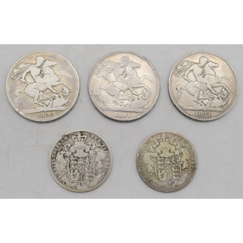 306E - GEORGE IV CROWN  1821,1821 and 1822, George IV half crowns 1826 and 1828 (5)