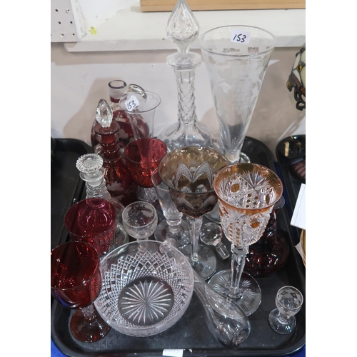 153 - A collection of antique glassware including a set of three ruby flashed and glass bottle decanters, ... 