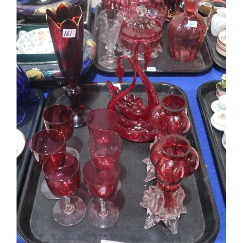 161 - A collection of cranberry and ruby glass, including drinking glasses, vase, dishes etc