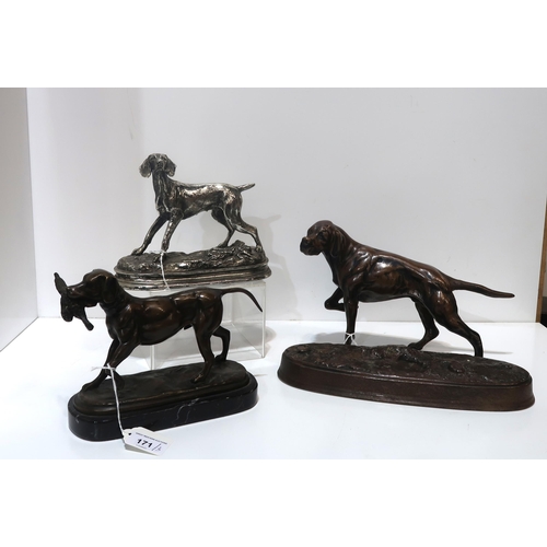 171 - A Beswick bronzed ceramic figure of a dog, a silvered dog after Mene and a bronze of a dog with a ph... 