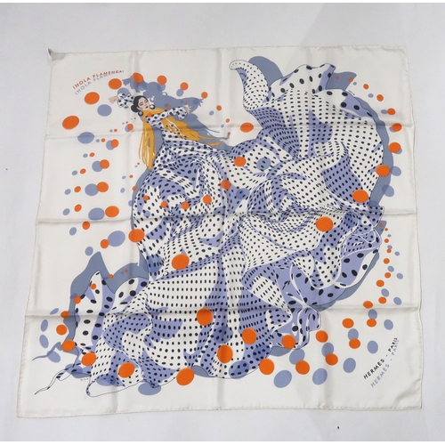 186 - A Hermes silk scarf depicting a Flamenco dancer and titled I Hola Flamenca!