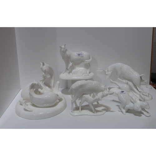 187 - A collection of white glazed Royal Doulton Images sculptures including Running Free, A New Life, The... 