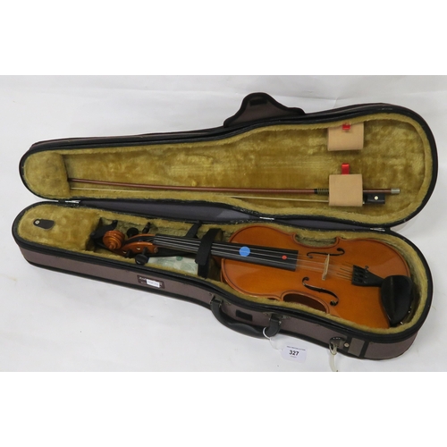 327 - A two piece back violin by Stentor Romania with a bow and case, strings etc