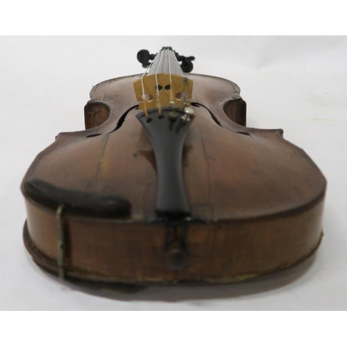 328 - A 19th century two piece back violin 35cm with a bow and wood case