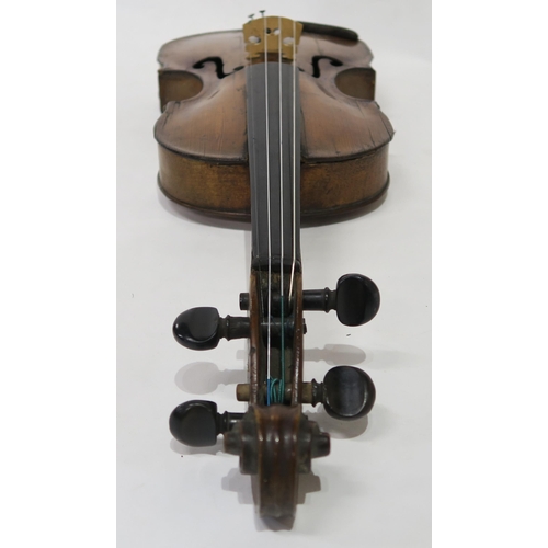 328 - A 19th century two piece back violin 35cm with a bow and wood case