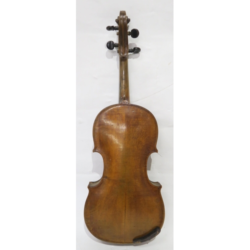 328 - A 19th century two piece back violin 35cm with a bow and wood case