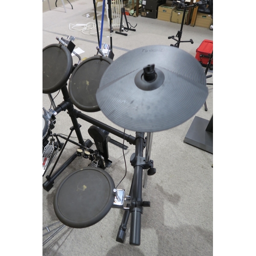 332 - ROLAND V DRUMS SIX PIECE ELECTRONIC DRUM KIT with a TD-3 sound percussion module, KD-8 kicker pad wi... 