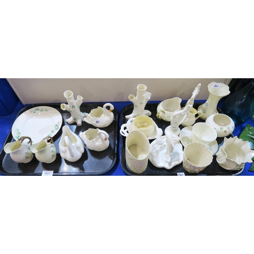 261 - A collection of Belleek porcelain including 1st period swan, 2nd period jug, 3rd period jug, plate a... 