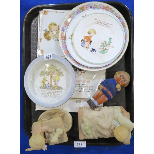 271 - Two Shelley Mabel Lucie Attwell nursery plates, two signs,  a composite figure etc