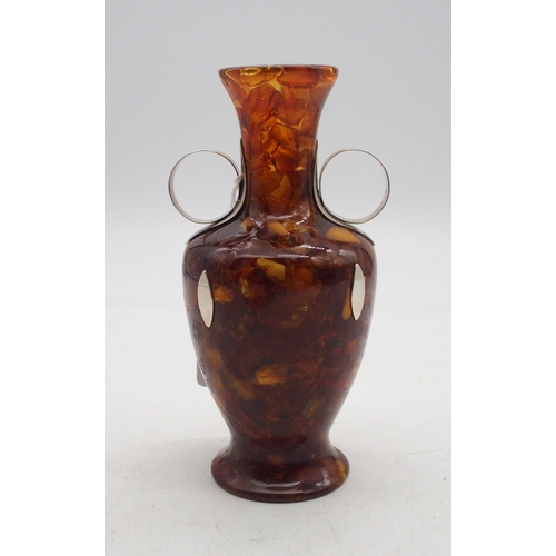 329 - A Polish amber coloured resin silver mounted vase, of baluster form, with loop twin handles, 20th ce... 