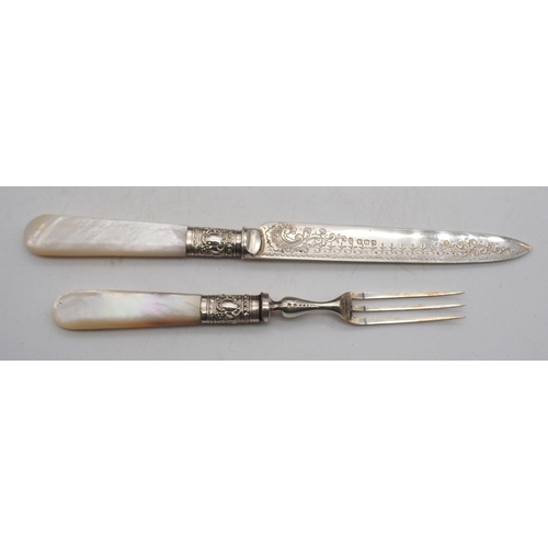 334 - A cased canteen of EPNS and mother of pearl fish knives and forks, the knives and collars with engra... 