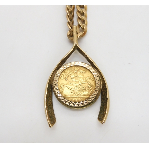 530 - An 1894 gold half sovereign in a 9ct gold lucky wishbone pendant mount on a 9ct curb chain, length&n... 