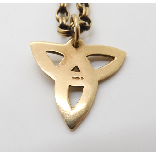 531 - A 9ct gold Celtic knot pendant on a 9ct fancy chain, length 54cm, together with a 9ct belcher chain,... 