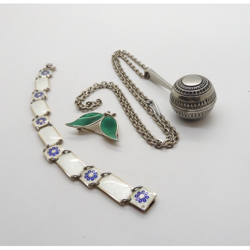 593 - A David Andersen enamelled bracelet and brooch, together with a retro Finnish pewter ball pendant