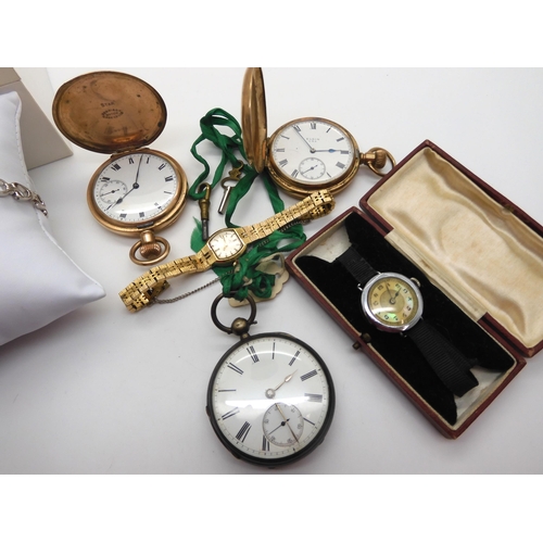 608 - A silver open face pocket watch, hallmarked London 1876, Waltham and Elgin pocket watches both gold ... 