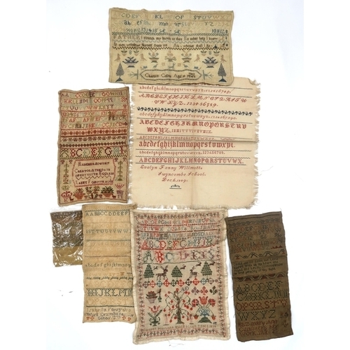 279 - A collection of unframed samplers, including an example dated 1799, another with Adam and Eve etc