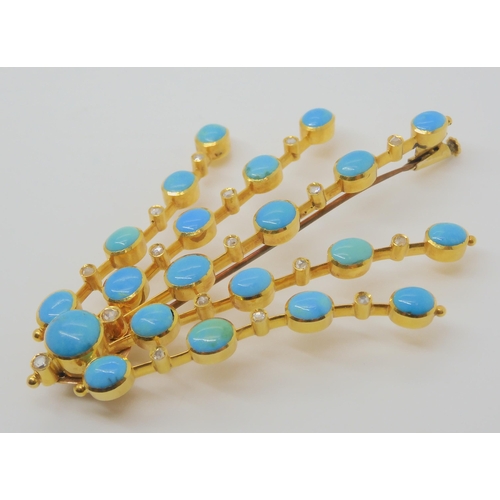 2722 - A TURQUOISE AND DIAMOND STATEMENT BROOCHset throughout in yellow metal the oval and round turquoises... 