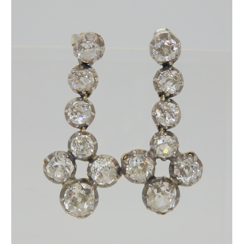 2725 - A PAIR OF DIAMOND DROP EARRINGSset with estimated approx 6.50cts of old cut diamonds across the pair... 