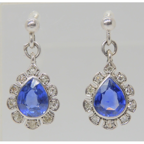 2732 - A PAIR OF SAPPHIRE & DIAMOND EARRINGSThe pear shaped sapphires are approx 6.8mm x 5.4mm, surroun... 