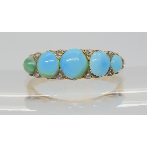 2735 - A TURQUOISE AND DIAMOND RINGset throughout in bright yellow and white metal, with a scalloped galler... 