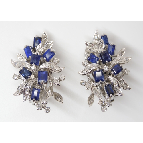 2771 - A PAIR OF SAPPHIRE & DIAMOND EARRINGSmounted throughout in white metal bearing a Chinese hallmar... 