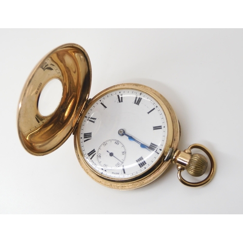 2876 - A 9CT GOLD HALF HUNTER FOB WATCHwith blue enamelled outer chapter ring, white enamelled dial with bl... 