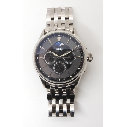 2879 - AN ORIS AUTOMATIC MOONPHASE WRISTWATCHwith two tone black & grey dial with silver coloured chevr... 