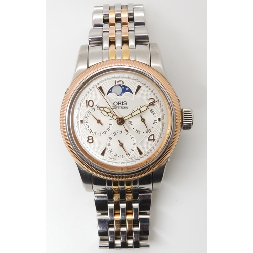 2880 - AN ORIS AUTOMATIC MOONPHASE WRISTWATCHwith two tone textured cream dial with rose gold coloured chev... 