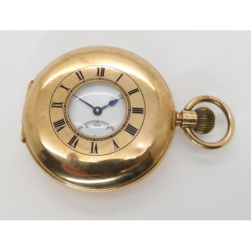 2881 - A 9CT GOLD HALF HUNTER POCKET WATCHwith enamelled outer chapter ring, white enamelled dial, black ro... 