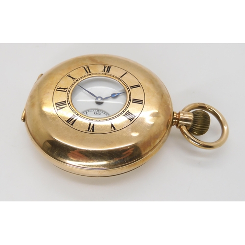 2881 - A 9CT GOLD HALF HUNTER POCKET WATCHwith enamelled outer chapter ring, white enamelled dial, black ro... 