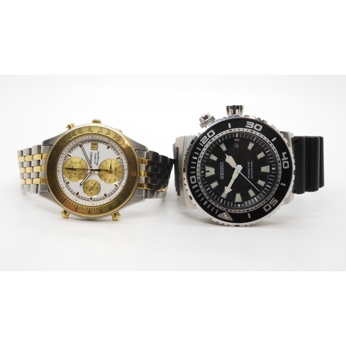 2882 - TWO SEIKO WATCHESA Seiko Olympic chronograph with stainless steel and gold coloured strap and body, ... 