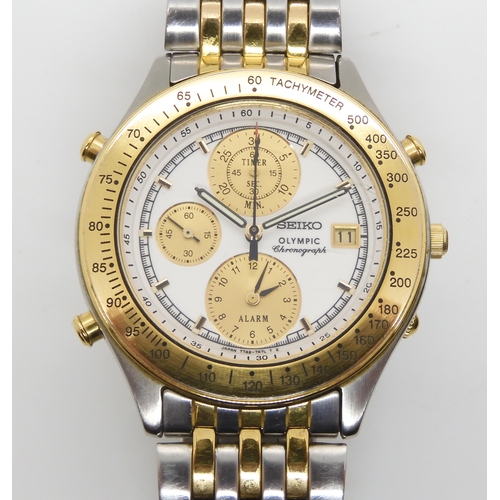 2882 - TWO SEIKO WATCHESA Seiko Olympic chronograph with stainless steel and gold coloured strap and body, ... 