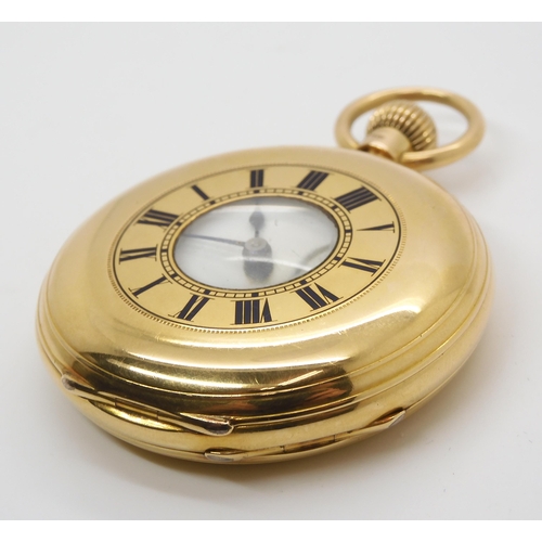 2885 - AN 18CT GOLD HALF HUNTER POCKET WATCHwith outer case enamelled chapter ring, white enamelled dial, s... 