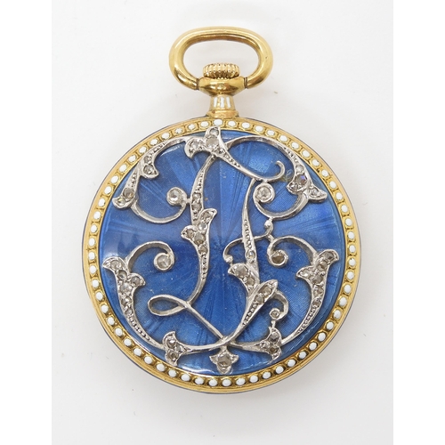 2887 - AN ENAMEL AND DIAMOND FOB WATCH, PURPORTED TO BE BY TIFFANYthe case with blue guilloche enamel and w... 