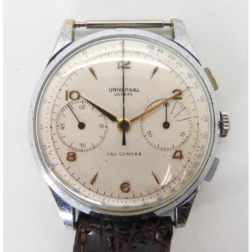 2891 - A UNIVERSAL GENEVE UNI COMPAX GENTS WATCHthe silvered dial with two subsidiary dials, gold coloured ... 