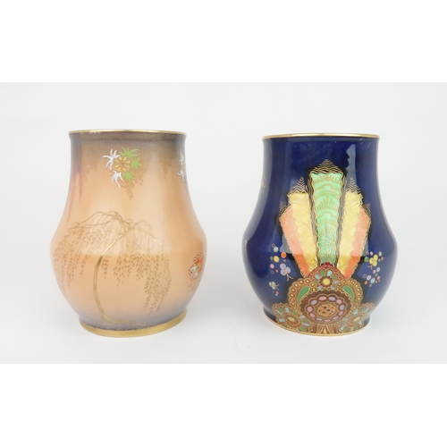 2161 - TWO CARLTON WARE VASES including a Fan pattern vase with dark blue ground, pattern no. 3557, togethe... 