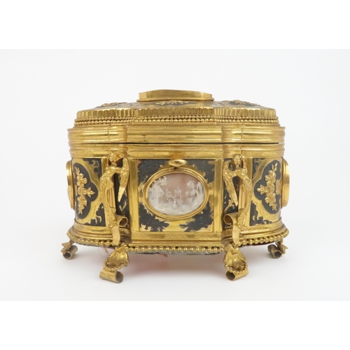 2176 - A MID 19TH CENTURY GRAND TOUR GILT METAL CASKETinset with shell cameos depicting pastoral scenes, wi... 