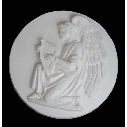 2180 - ALEXANDER STODDART (B. 1959) A plaster plaque depicting an angel playing a harp, titled and signed i... 