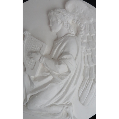 2180 - ALEXANDER STODDART (B. 1959) A plaster plaque depicting an angel playing a harp, titled and signed i... 