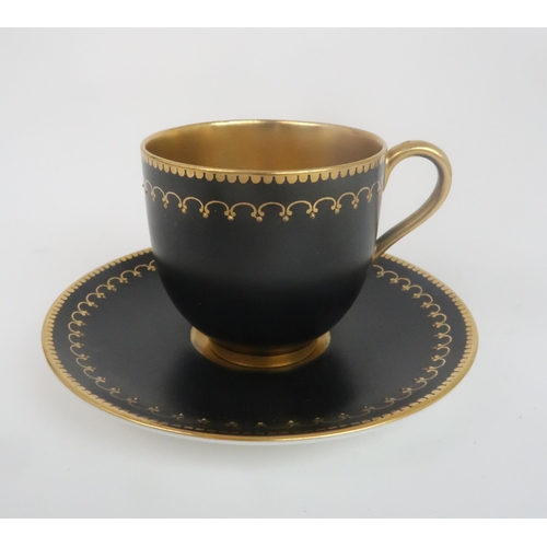 2187 - SIX ROYAL WORCESTER DEMITASSE COFFEE CUPS AND SAUCERSboxed, pattern no. C644, the black ground with ... 
